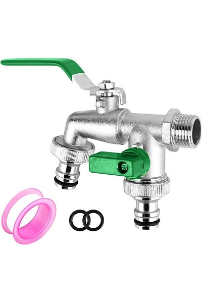 COOYA Double Outlet Tap, with 2 x Free Hose Connections, 1 x Roller Sealing Tape, Brass, Hose Nozzle