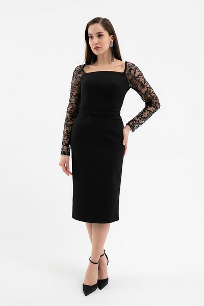 Lafaba Women's Black Sleeve Detailed Promise Engagement Wedding Evening Dress