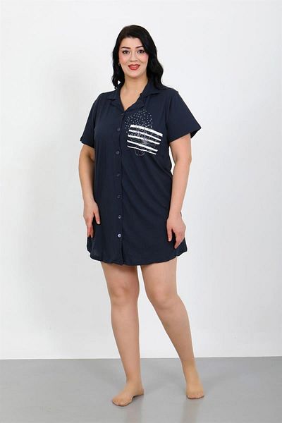 Celira Large Size Combed Cotton Buttoned Navy Blue Tunic Nightgown 1025