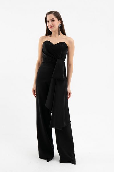 Lafaba Women's Black Strapless Neckline Long Evening Dress Jumpsuit