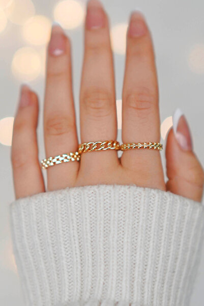 TREND COLLECTİON 3Pcs Adjustable Gold Elegant Women's Ring Set