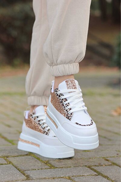 LEYDİ SHOES FRM-018 Αθλητικά παπούτσια με ψηλή σόλα με κορδόνια με ροζ σχέδιο