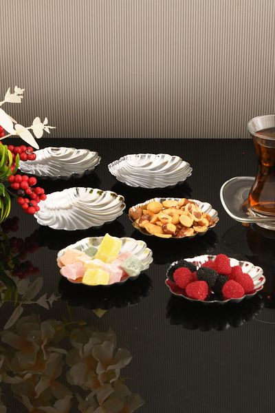 AKSESUAR EVRENİ مجموعة أطباق الفضة المسطحة من Ulver Oyster Turkish Delight مكونة من 6 قطع