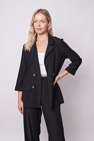 Jument Women's Oversize Blazer Black, Textured Modal Fabric Collar, Pocket Flap