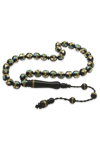 Tesbihane Blue Enamel Filled - Brass Wrapped Globe Cut Kuka Prayer Beads
