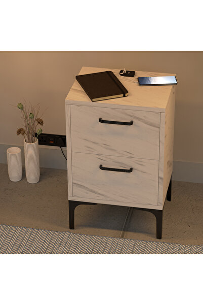 Mahmayi Modern White Marble End Table with USB Ports & Soft-Close Drawers for Home & Office