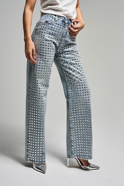 its basic Blugi de damă cu piatră strălucitoare, denim, cu talie înaltă, design T-S45-80