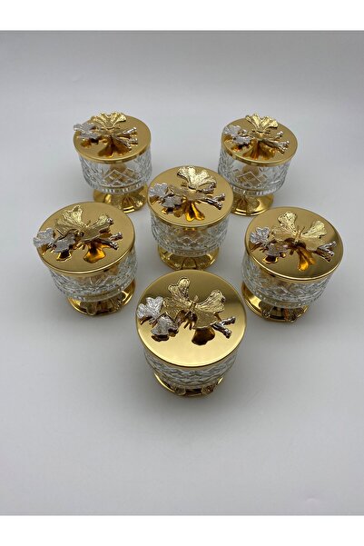 Fiyakalı Ürünler Atölyesi 6-Piece Gold Timeless Glass Magnolia Set - Freezer and Sugar Bowl with Butterfly Lid