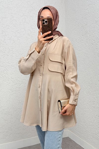 Salih Çelebi 2277 Beige Double Breasted Long Dress