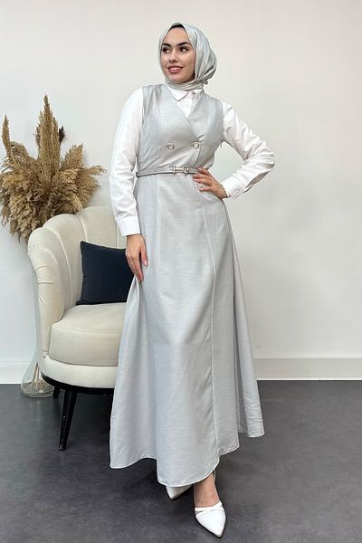 Tesettür Diyarı Γκρι γυναικείο φόρεμα με κουμπιά