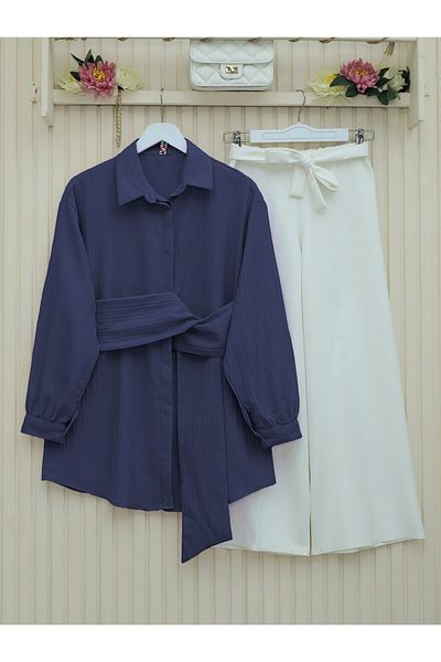 Modamorfo Waist Tied Fitted Crinkle Shirt - Navy