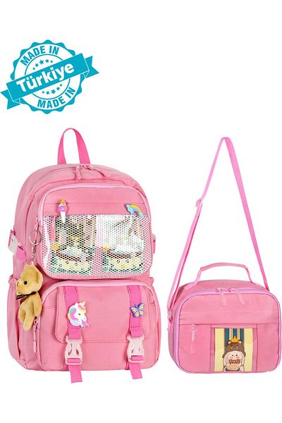 Sırımsı Waddell Kawaii Κορεάτικο Σακίδιο πλάτης και τσάντα μεσημεριανού γεύματος με αξεσουάρ Πρωτοβάθμιας Εκπαίδευσης Ροζ 25001
