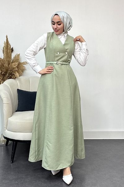 Tesettür Diyarı Γυναικείο Φόρεμα Gilet με λεπτομέρεια με κουμπιά-Πράσινο μέντας