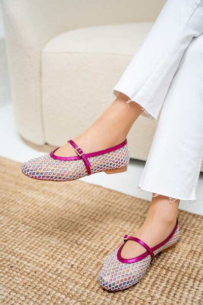 LAMİNTA Laura Fuchsia Buckle Mesh Women's Ballerinas