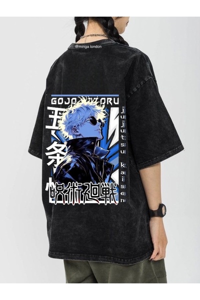 Minga London Μαύρο μπλουζάκι Gojo Satoru με μπλε λεπτομέρεια εμπρός/πίσω με στάμπα που πλένεται - Mingalondon