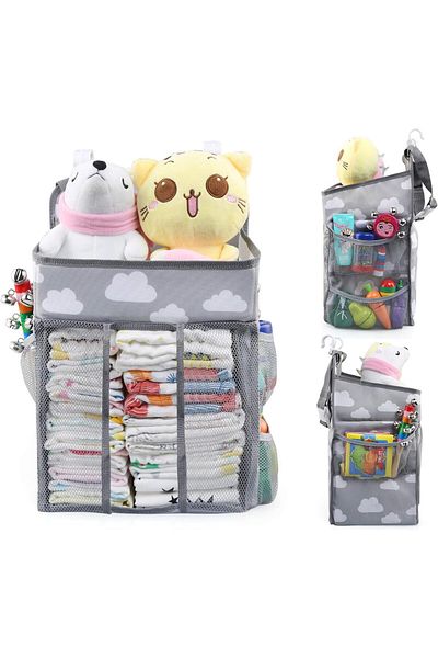 Yelajoy Baby Hanging Nappy Caddy, With 4 Mesh Side Pockets, 47×27×21cm, for organization, Gray