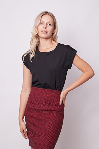 Jument Γυναικείο ποιοτικό ύφασμα χωρίς λύκρα με φαρδύ λαιμόκοψη με διπλό μανίκι μπλουζάκι με κουμπιά μπλούζα-μαύρο