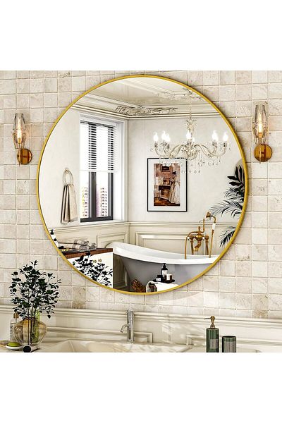 Generic Elegant round wall mirror with a golden frame, size 100 cm