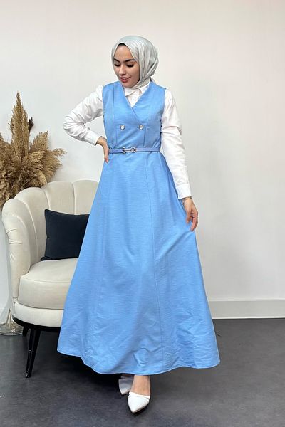 Tesettür Diyarı Γυναικείο Φόρεμα Gilet με Λεπτομέρεια με Κουμπί-Μπλε