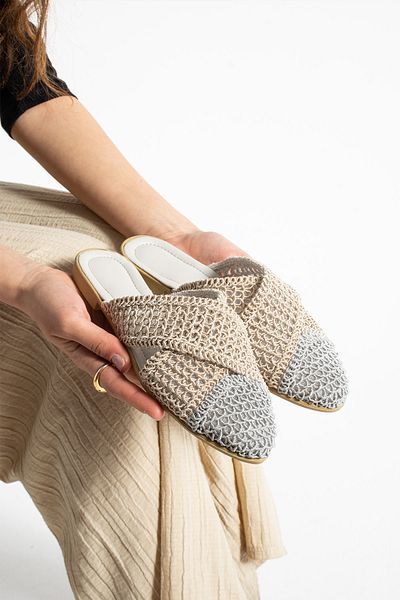 Moda Devrin Gray Braided Cross Closed Women's Slippers Home and Outdoor Slippers