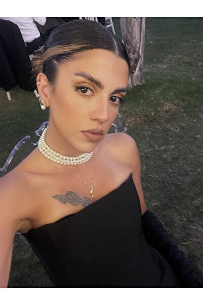 Cnswoman Louvre 3'lü Sıralı Choker Cam Inci Kolye Gold Klips