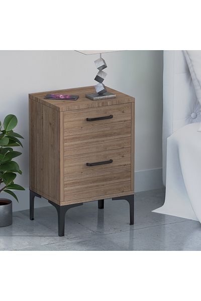Mahmayi Modern Side Table with 2 Soft-Close Drawers - Truffle Davos Oak, Easy Assembly, Lightweight
