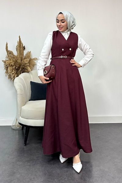 Tesettür Diyarı Women's Button Detailed Gilet Dress Claret Red