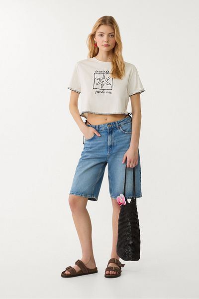 Stradivarius Embroidered cropped T-shirt
