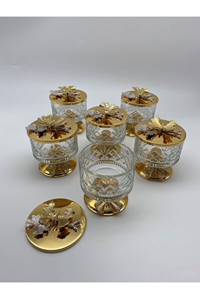 Fiyakalı Ürünler Atölyesi 6-Piece Gold Timeless Glass Magnolia Set - Freezer and Sugar Bowl with Butterfly Lid