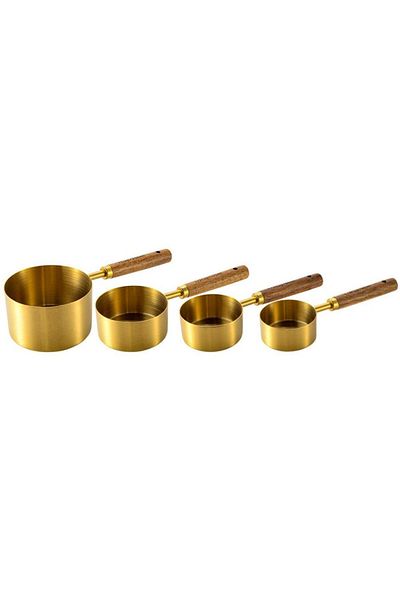 Hayveys home Set of 4 Authentic Wooden Handled Gold Measuring Cups and Spoons