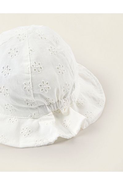 Ziddy Hat with Broderie Anglaise for Newborn Girls and Babies, White