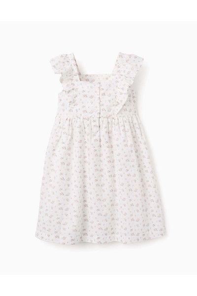 Ziddy Floral Cotton Dress with Ruffles for Girls, White