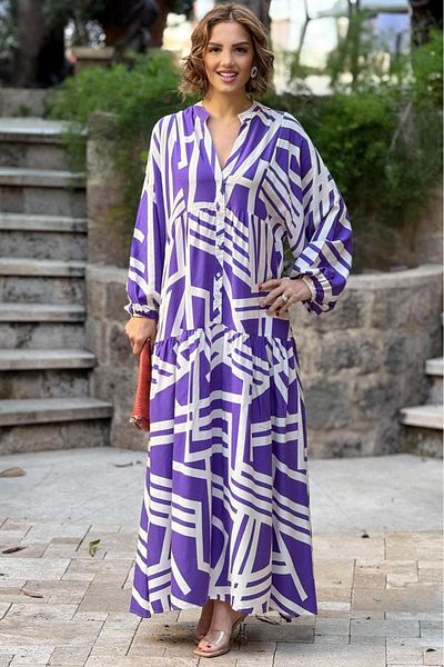Nevin Kaya Moda Φόρεμα από 100% βαμβακερό βισκόζη με μοτίβο μωβ ράβδου