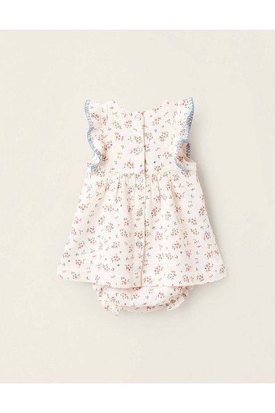 Ziddy Floral Dress + Bloomers Set for Newborn Girls, Beige/Blue