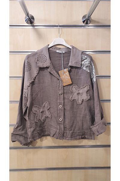 Park Moda Linen Jacket with Flower Motif and Pattern Detail