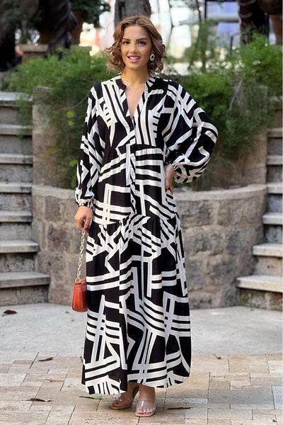 Nevin Kaya Moda Φόρεμα με μοτίβο μαύρο ραβδί 100% βαμβακερό βισκόζη