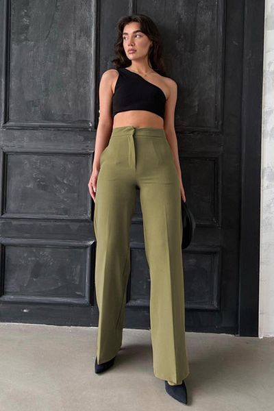 Madmext Khaki High Waist Fabric Pants Mg2284