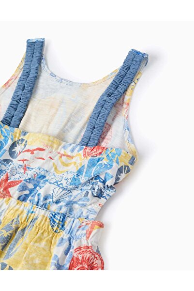 Ziddy Sleeveless Dress with Motif for Girls, Yellow/Blue/White