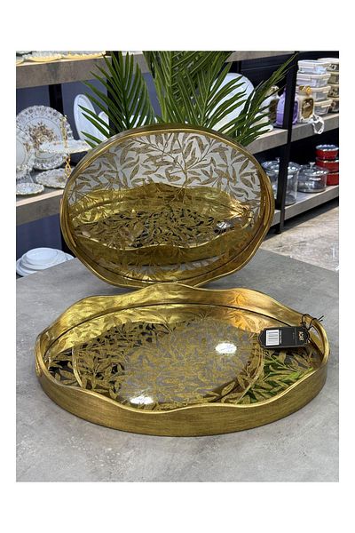 Doğudeko Luxury Polyurethane Acar 2 Li Mirrored Oval Tray V8