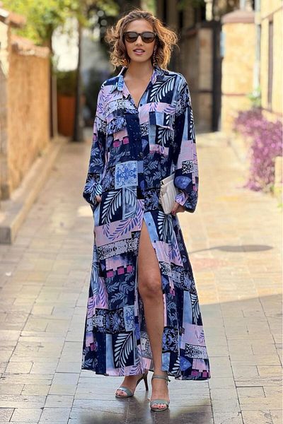 Nevin Kaya Moda Rochie cămașă din viscoză, 100% bumbac, cu model de șah, culoare bleumarin