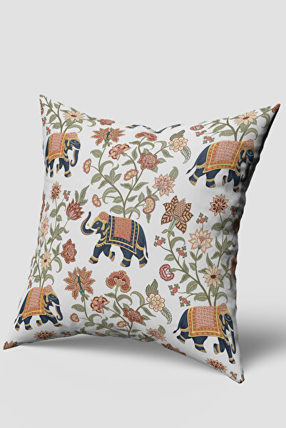 EsnafAli White Navy Blue Ethnic Elephant Figured Throw Pillow Cover