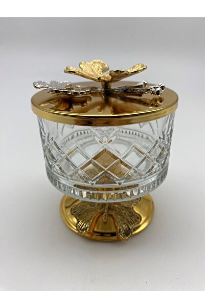 Fiyakalı Ürünler Atölyesi Gold Timeless Glass Magnolia 2-Piece Bowl - Butterfly Lid Ice Cream and Sugar Bowl
