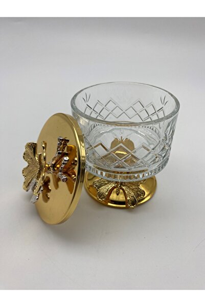 Fiyakalı Ürünler Atölyesi Gold Timeless Glass Magnolia - Butterfly Lid Ice Cream and Sugar Bowl with Snack