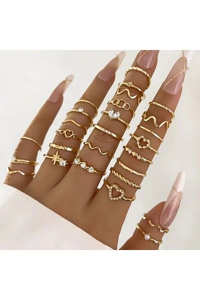 FASHİON JEWELRY Women's Heart 27 - 28 Piece Ring Set