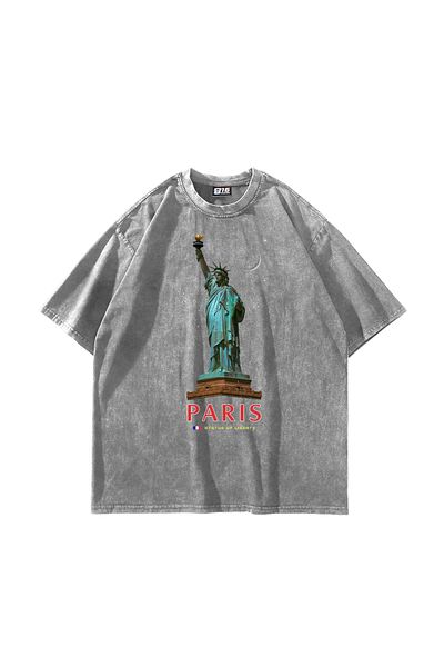 Sekizbiraltı Paris State of Liberty Printed Oversize Unisex Washable White Tshirt