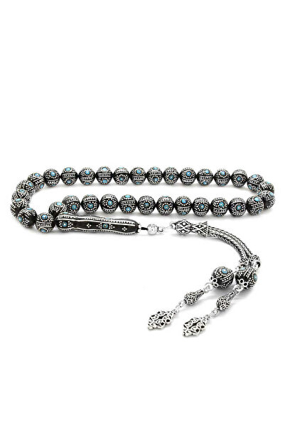 Tesbihane 925 Ayar Gümüş Püsküllü Gümüş-firuze Işlemeli Erzurum Oltu Taşı Tesbih