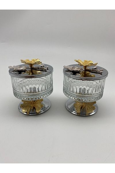 Fiyakalı Ürünler Atölyesi Elysia Silver Glass Magnolia 2-Piece Bowl - Butterfly Lid Ice Cream and Sugar Bowl Snack Bowl