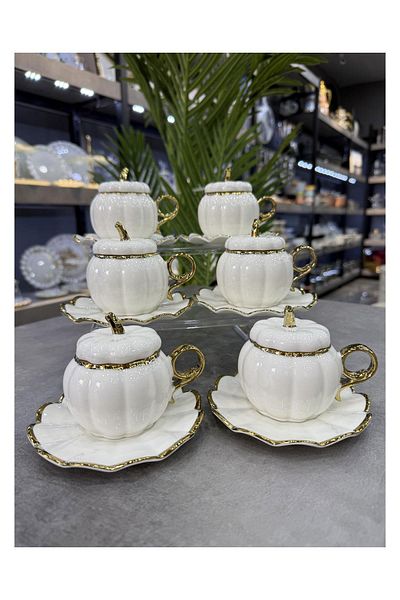ACAR White Porcelain Gourd 6 L İ Cup Set