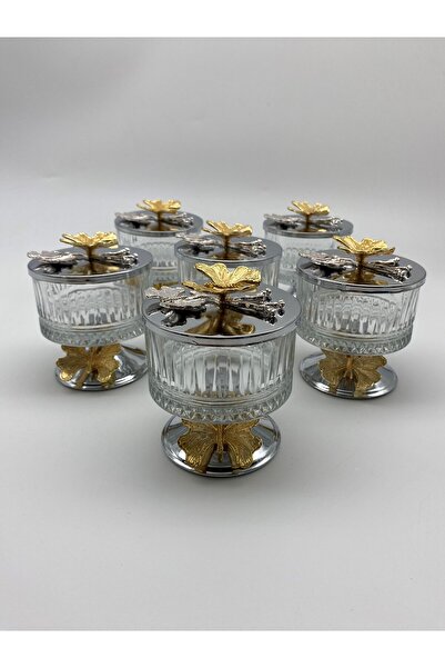 Fiyakalı Ürünler Atölyesi 6'lı Ayaklı Gümüş Elysia Cam Magnolia Kasesi, Kelebek Kapaklı Dondurmalık, Şekerlik, Çerezlik