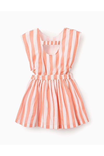 Ziddy Striped Cotton Dress for Girls, White/Orange